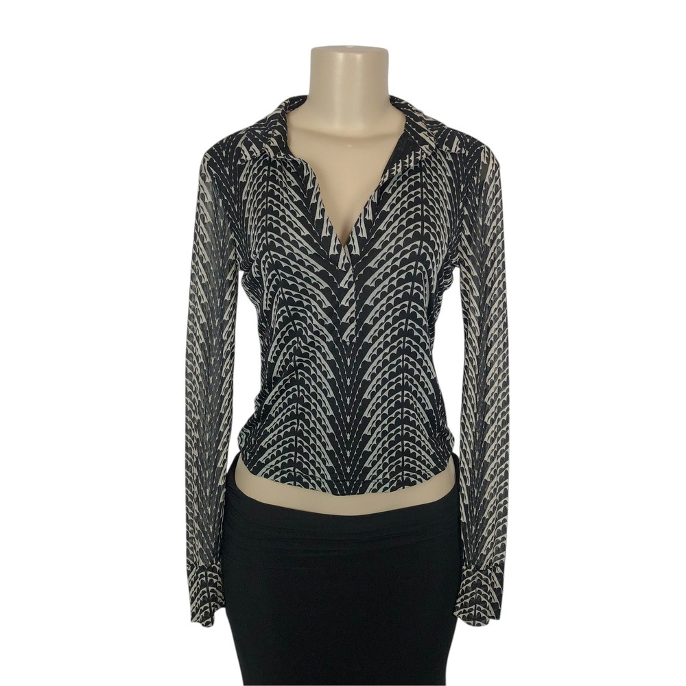Vintage Y2K Kenneth Cole 100% Silk Sheer Mesh Long Sleeve Crop Top Collared S